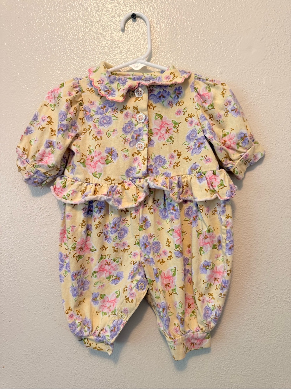 VINTAGE OshKosh B'gosh Yellow Floral Ruffle Footie with Pink & Purple Flowers